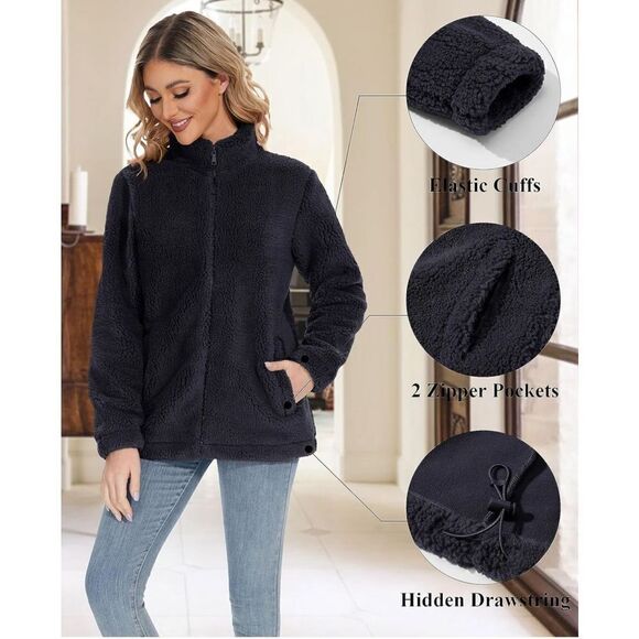 NEW Black Sherpa Jacket Zip Up Fleece Jacket Fuzzy M - Picture 5 of 8